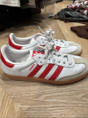 adidas Samba Leather Sneakers - White & Red with Gum Sole
